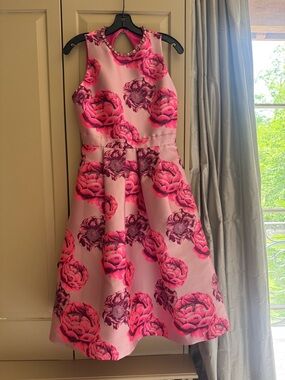 Alice + Olivia Pink Floral Beaded-Neck Fit-and-Flare Dress